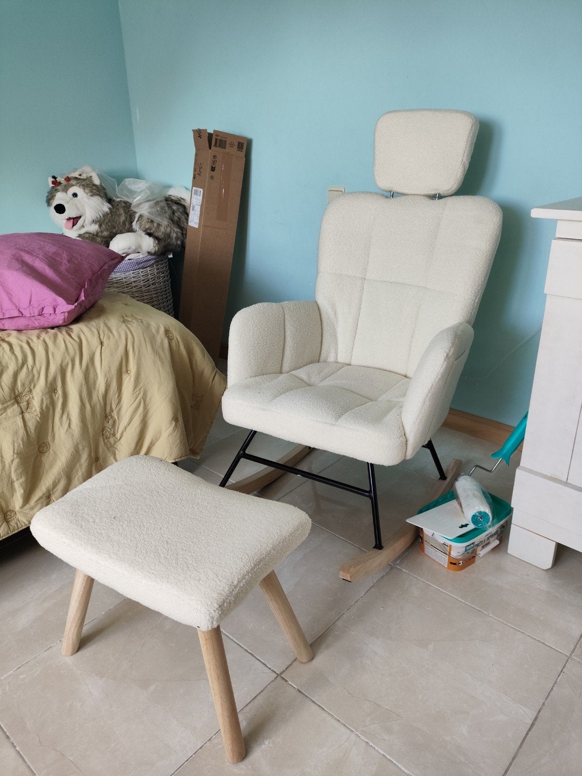 Chaise à bascule avec repose pieds - dossier haut - teddy, Maison & Meubles, Chaises, Neuf, Enlèvement, Chaise à bascule, Blanc
