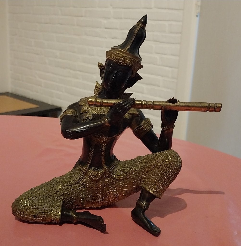 Grote Tempelwachter Thailand,Muzikant,brons Boeddha,Buddha, 20 cm, Gouden accenten, Ophalen of Verzenden, Zo goed als nieuw