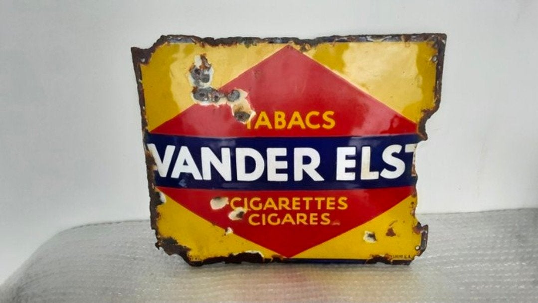 Oud Vintage Emaille Reclamebord – Tabacs Vander Elst, Verzamelen, Ophalen of Verzenden, Reclamebord