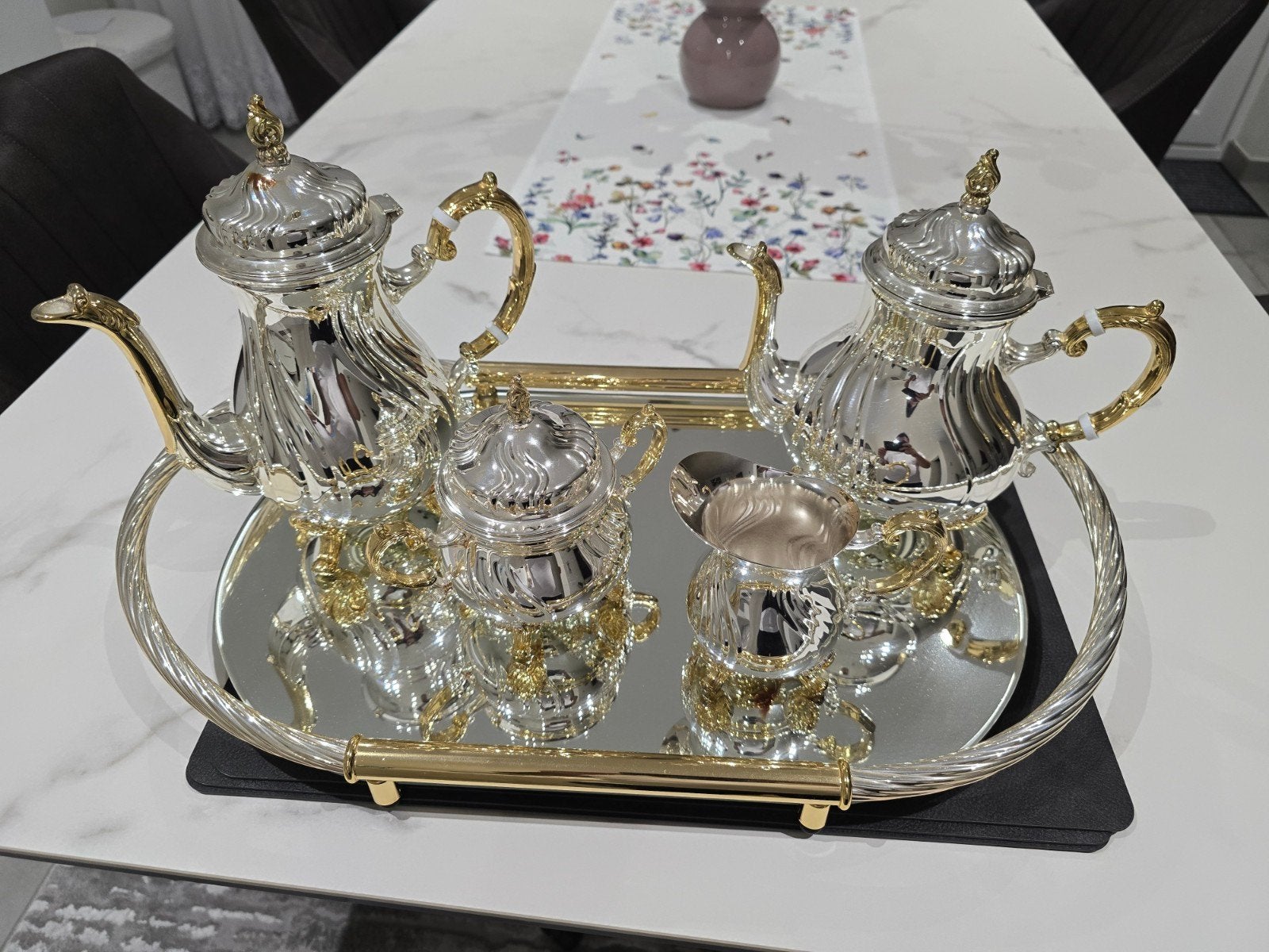 Luxe 5-delige verzilverde en vergulde thee- en koffieset – P, Ophalen