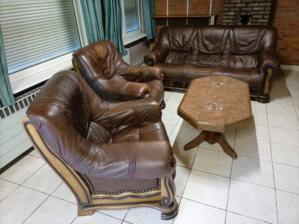 lederen salon met hout, Ophalen, Gebruikt, Hout, Rechte bank