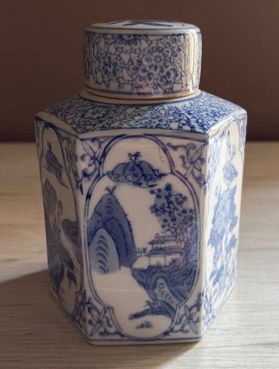 Pot à gingembre hexagonal chinois-Boîte à thé - Bleu blanc, Antiquités & Art, Enlèvement ou Envoi