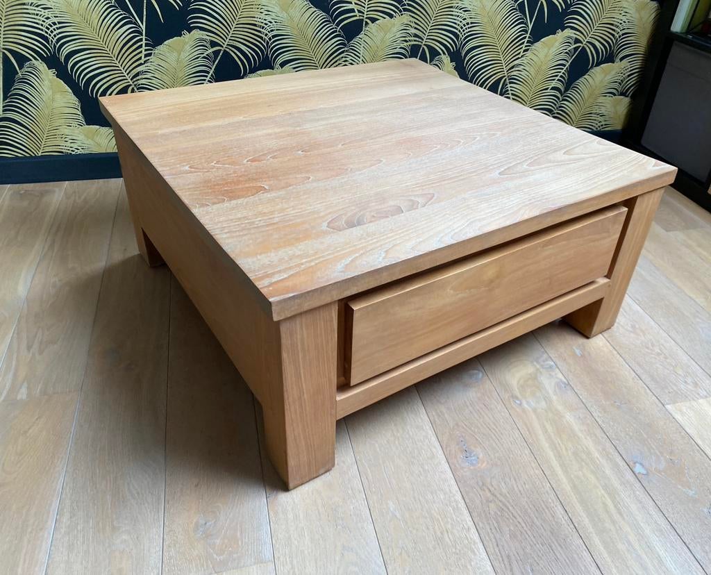 Massief teak salontafel met lades, Huis en Inrichting, Tafels | Salontafels, Ophalen, 50 tot 100 cm, 50 tot 100 cm, Zo goed als nieuw
