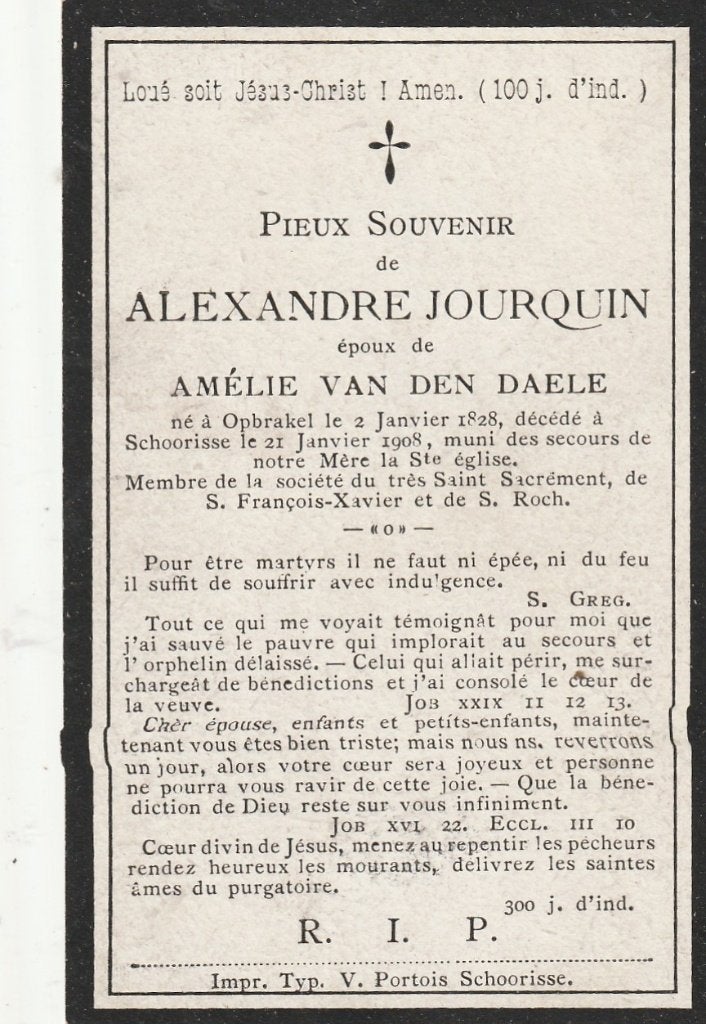 B P 4 / JOURQUIN  ALEXANDRE OPBRAKEL 1828 - 1908, Verzamelen, Bidprentjes en Rouwkaarten, Ophalen of Verzenden, Bidprentje