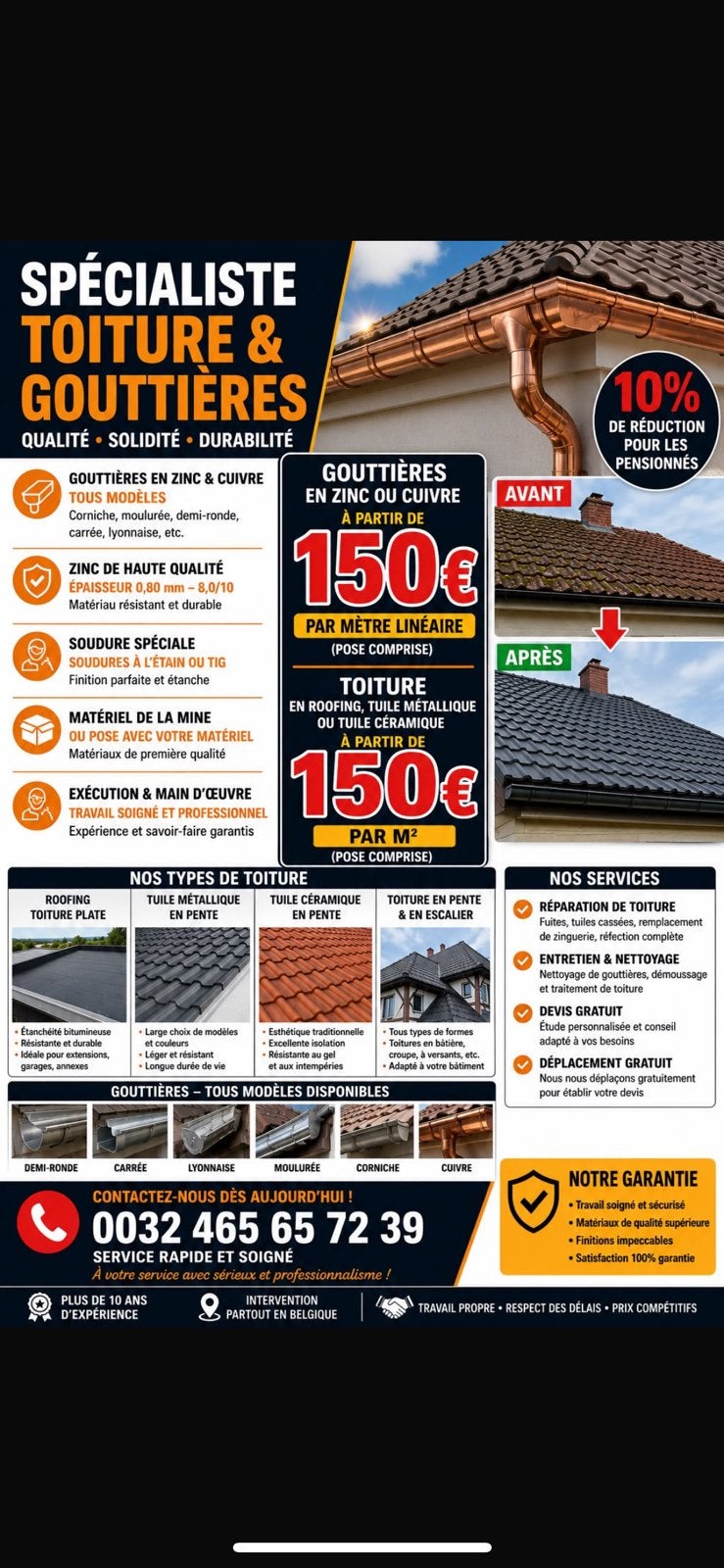 Réparations d'urgence de gouttières en zinc, toitures plate