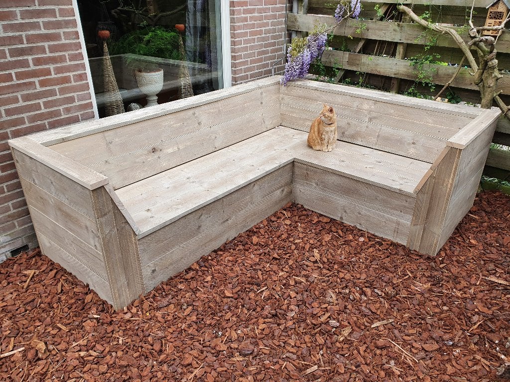 Unieke kwaliteit loungebank, complete loungeset steigerhout., Tuin en Terras, Ophalen, Nieuw, Steigerhout, Loungeset