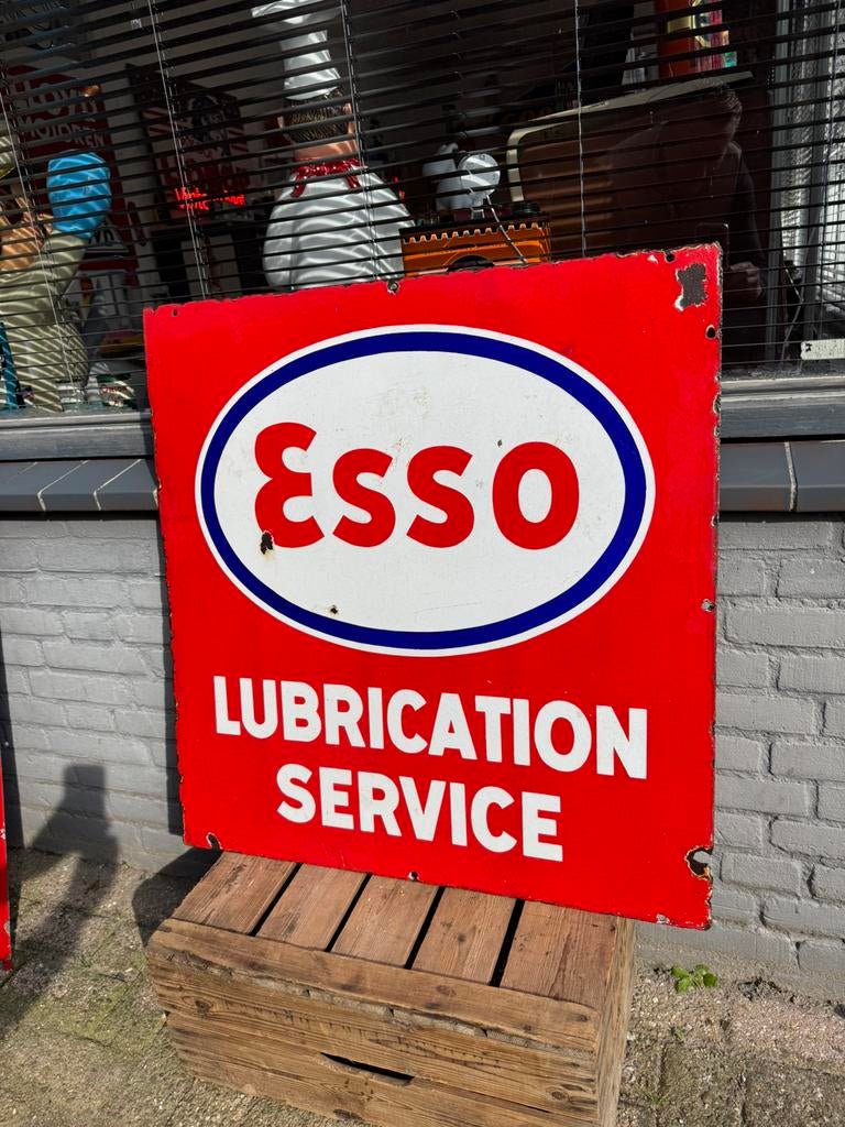Panneau d'affichage double face en émail Esso 1937 !, Enlèvement, Utilisé, Panneau publicitaire