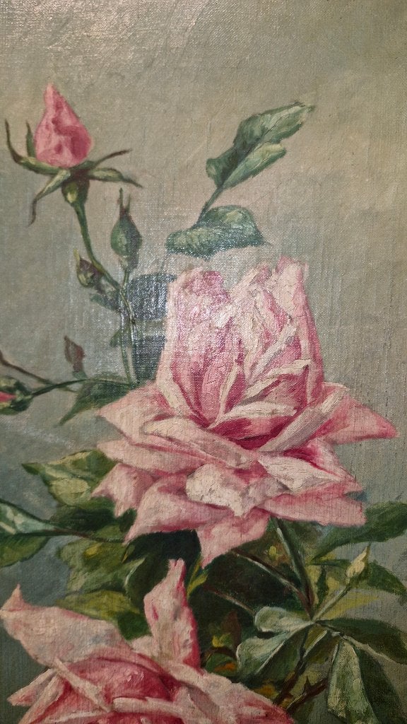 Bouquet de roses (HST) Art nouveau et cadre d'époque, Enlèvement ou Envoi, Peinture à l'huile, Autres styles, Cadre spécial