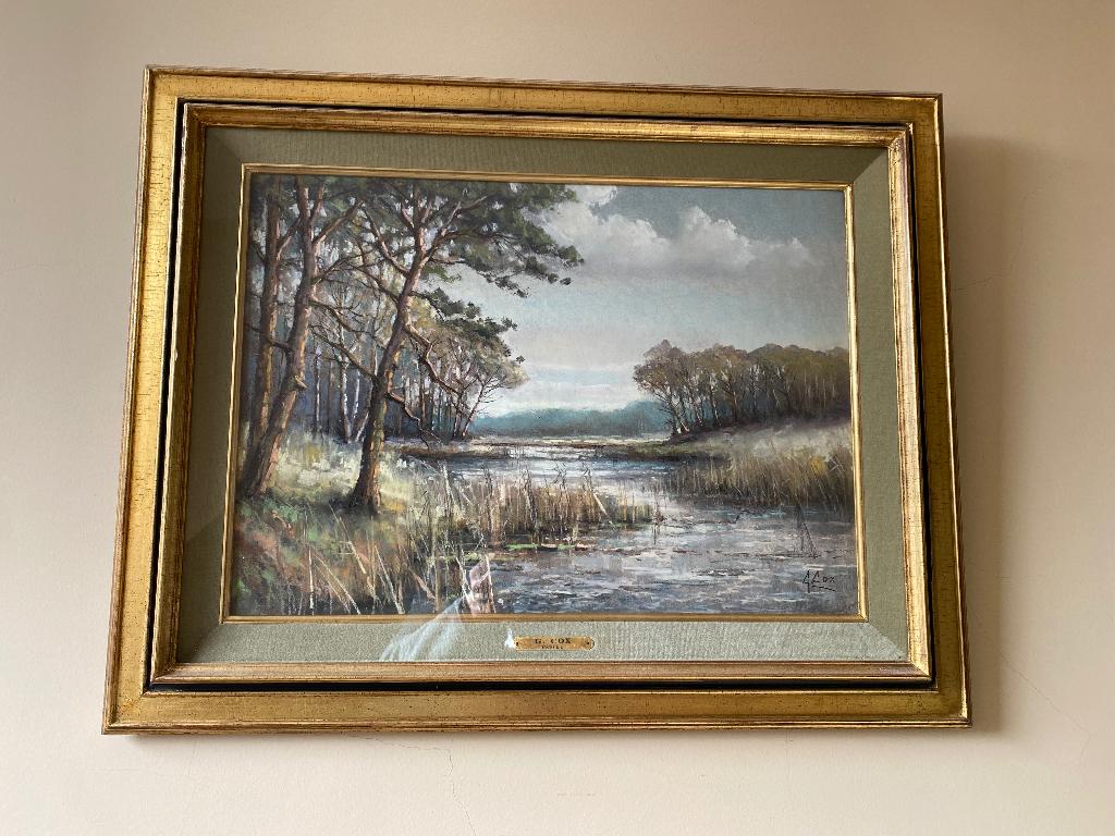 Pastel landschap met water, bomen en riet - mooi ingelijst, Antiek en Kunst, Ophalen