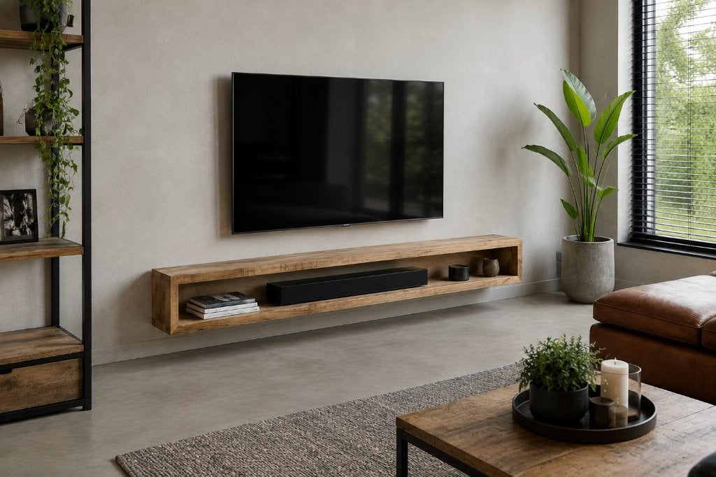 ACTIE Hangend TV-meubel mangohout 160 & 220 cm OP = OP, Ophalen, 150 tot 200 cm, Nieuw, Minder dan 100 cm