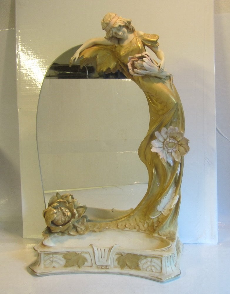 Art nouveau Royal Dux , vrouw bloemen met spiegel, H 60 cm, Enlèvement