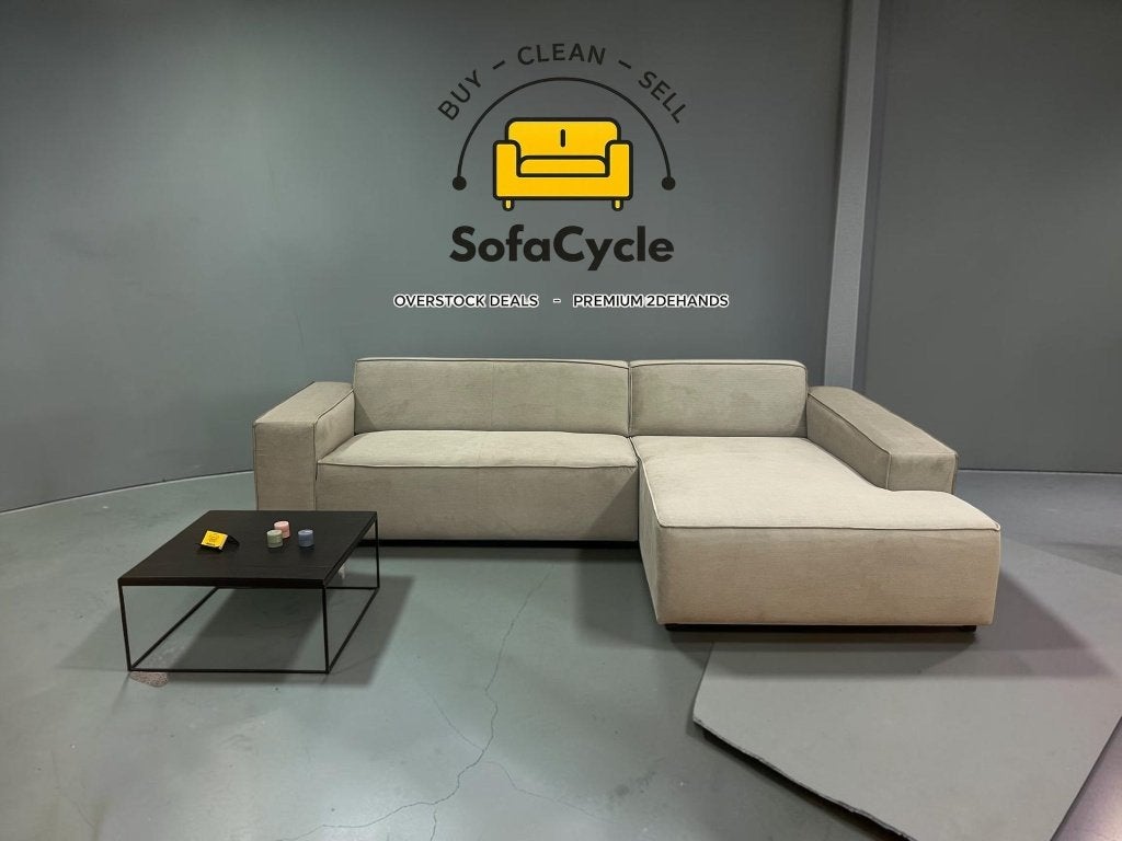 Quattro hoekzetel beige in fluweel, hoek R, Nieuw, Zonnestraat 223-229, 9600 Ronse, België, Info@sofacycle.be, SofaCycle VOF