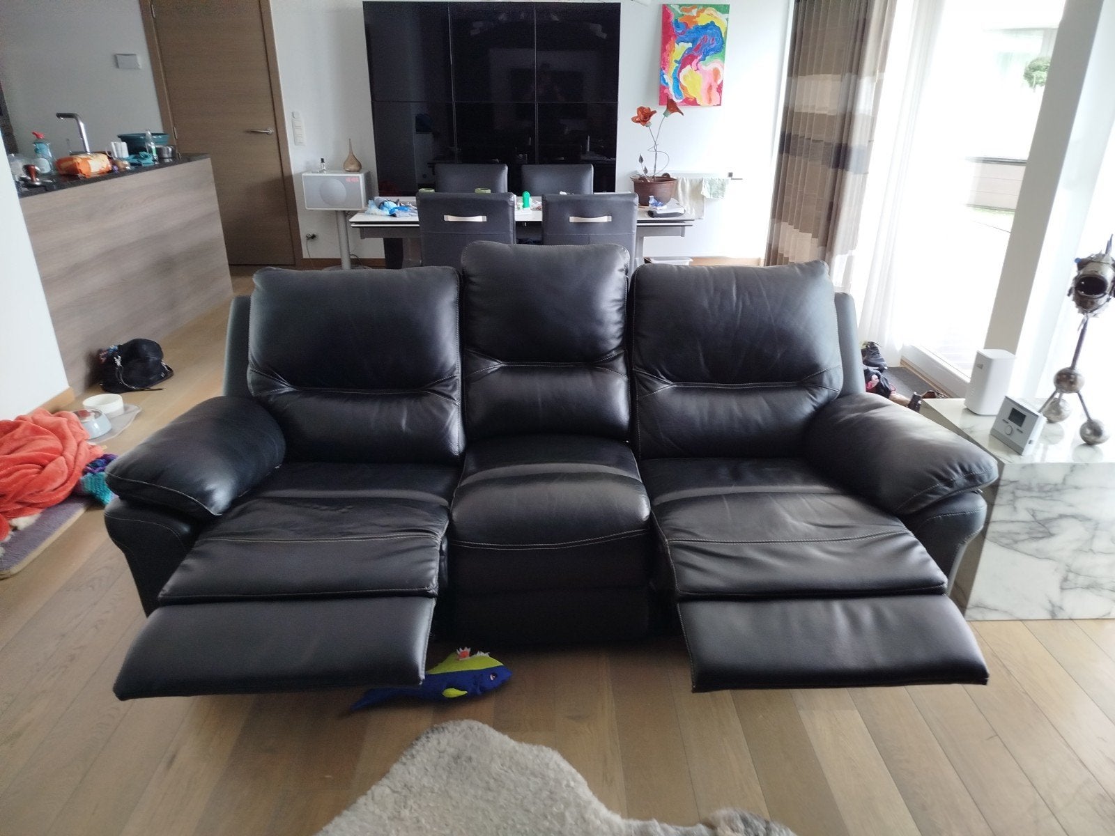 lederen zitbank met 2 relaxen, Huis en Inrichting, Ophalen, Driepersoons, Leer, Zo goed als nieuw