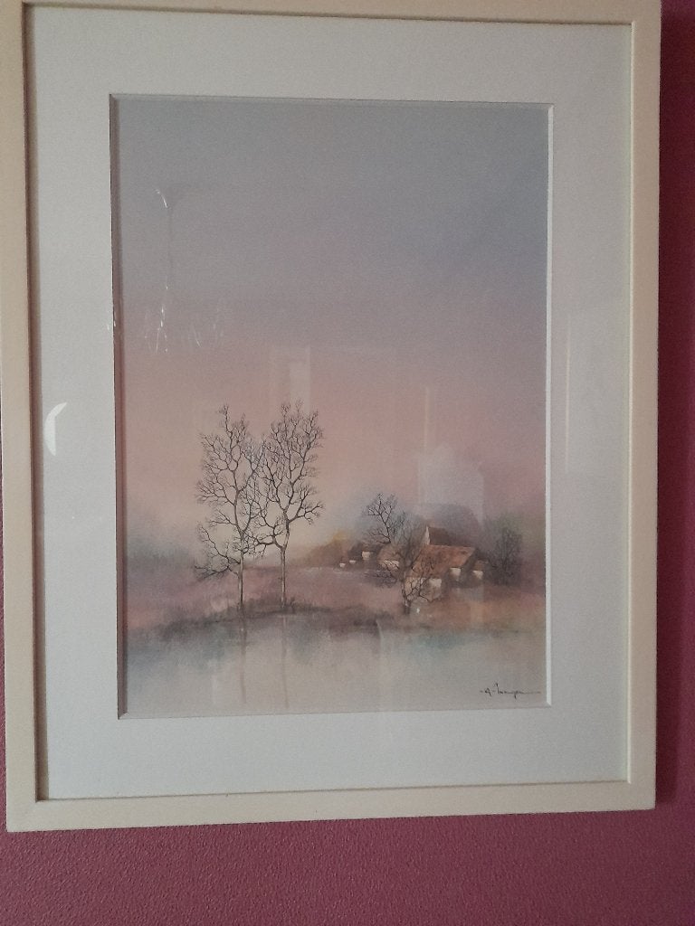 Aquarel gesigneerd Maugeri, Antiek en Kunst, Ophalen, Paneel, Landschap, Gesigneerd