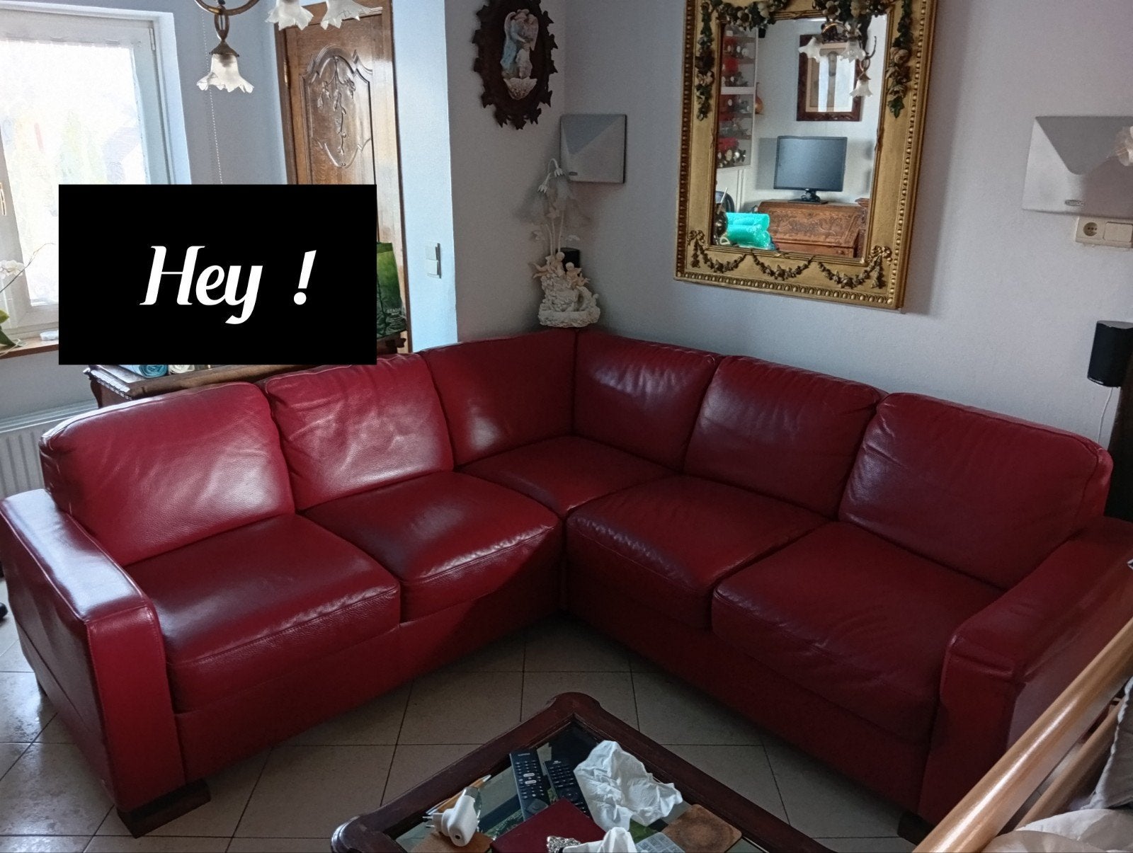 Grand canapé d’angle en cuir rouge/bordeaux., Ophalen, Zo goed als nieuw, Leer