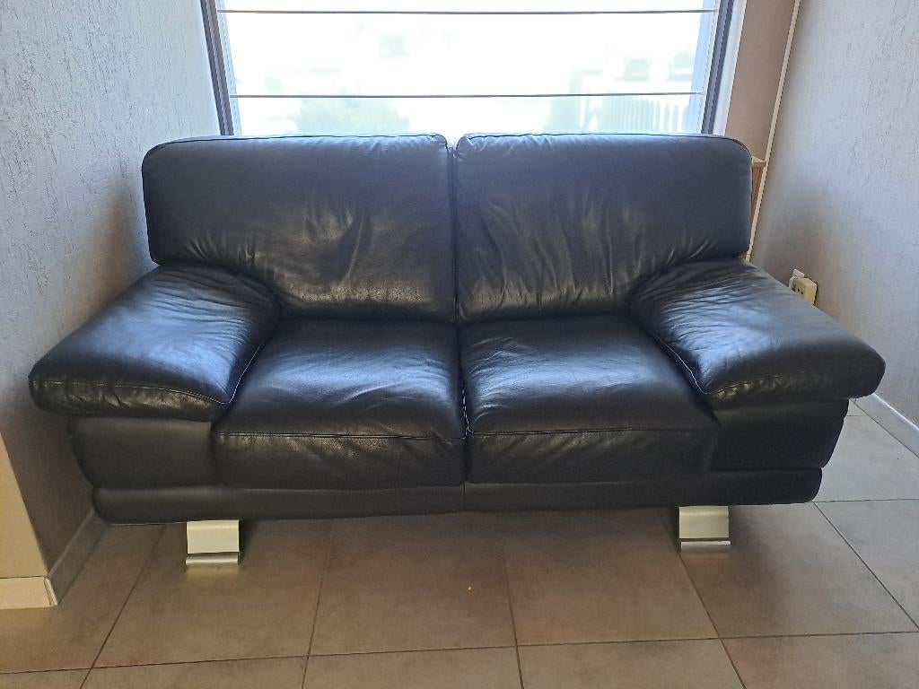 2-zit zetel in zwart leder, 75 à 100 cm, Enlèvement, Utilisé, 150 à 200 cm