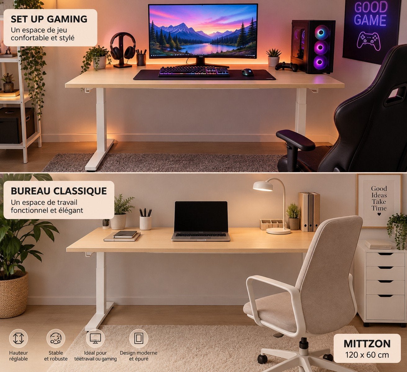Bureau IKEA MITTZON 120x60 cm – hauteur réglable – blanc/boi, Maison & Meubles, Bureau d'ordinateur, 120 cm, Comme neuf, Enlèvement