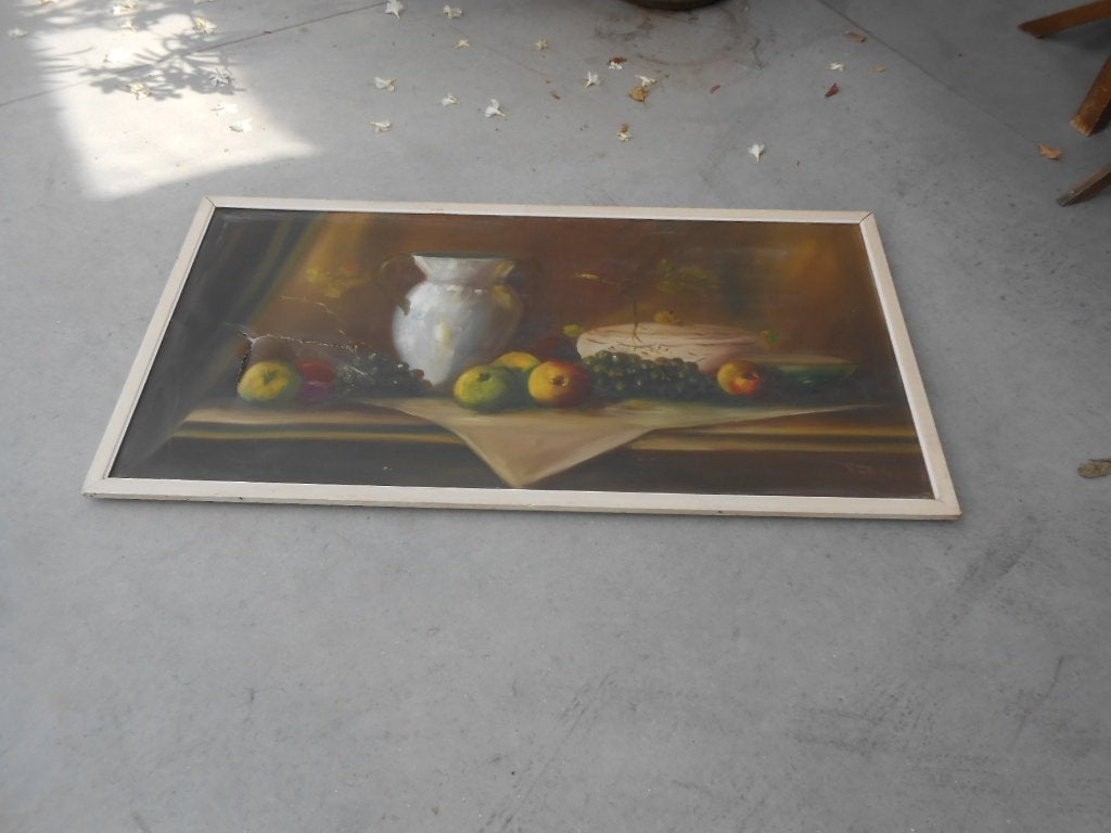 schilderij olieverf op doek van V. Cris stilleven beschadigd, Antiek en Kunst, Ophalen, Doek, Stilleven, Gesigneerd