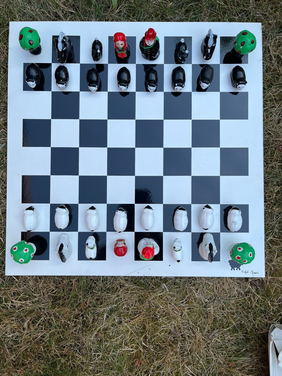 Schaakspel groot met leuke beschilderde beeldjes, Ophalen, Gebruikt