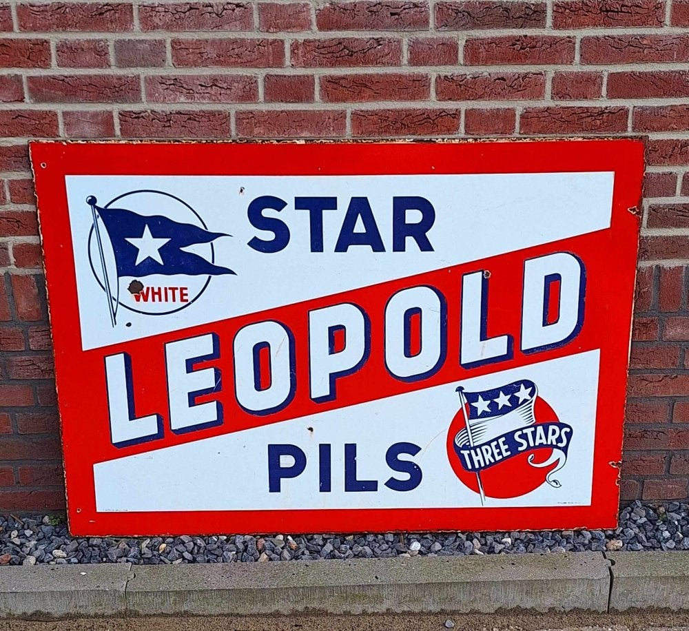 XXL dubbelzijdig emaille bord Star Leopold pils🍺, Ophalen, Gebruikt, Reclamebord