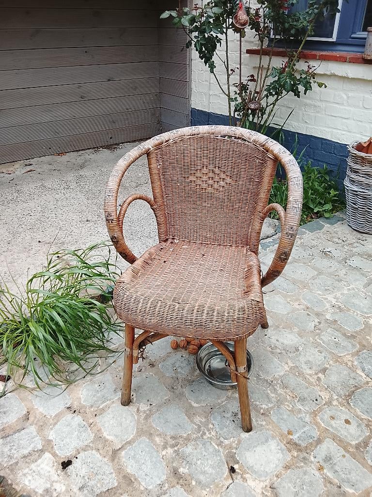 2 antieke fauteuils van natuurlijk rotan, Ophalen, Gebruikt