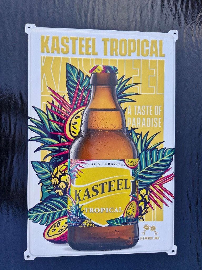 plaque metal  KASTEELBIER TROPICAL comme neuf 60 x 40 cm, Enlèvement ou Envoi, Comme neuf, Panneau, Plaque ou Plaquette publicitaire