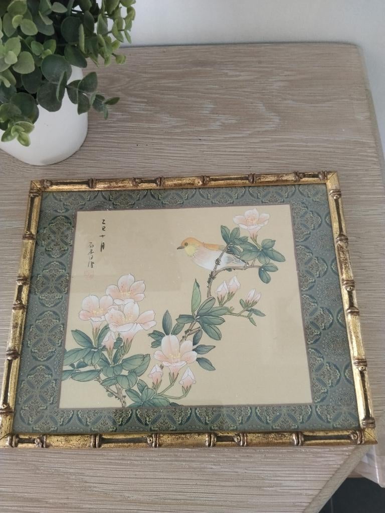 vintage houten kader met prent in vogel en bloemen, Vintage, Ophalen of Verzenden, Zo goed als nieuw, Hout