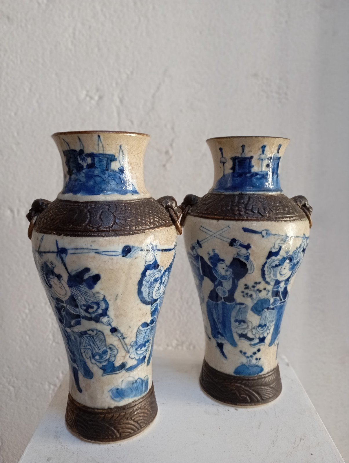 Paar Chinese Nanking vazen – blauw/wit – crackle glaze, Antiek en Kunst, Ophalen of Verzenden
