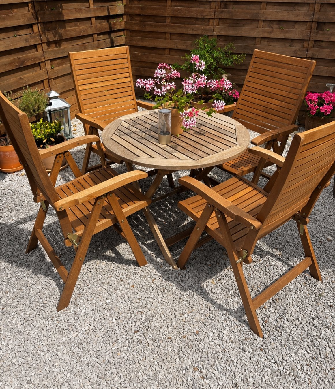 Table + 4 chaises en Teck massif, Jardin & Terrasse, Chaise, Utilisé, Sets de jardin, Enlèvement