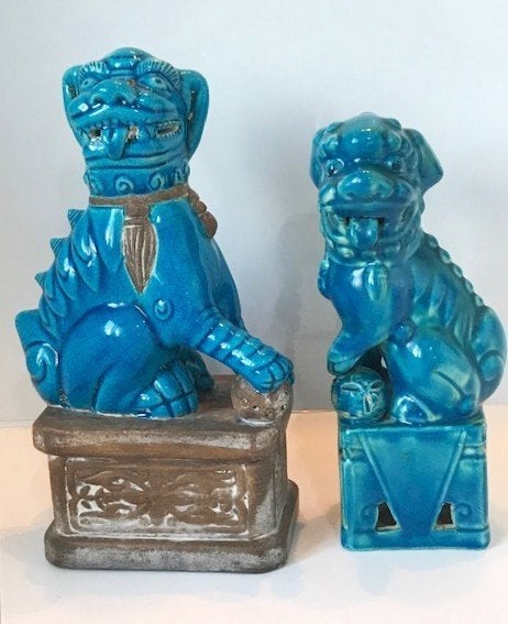Paar Blauwe Foo Dogs Tempelleeuwen Aziatische Keramiek💑🙏👌, Blauw, 20 - 50 cm, Overige materialen, Beeld