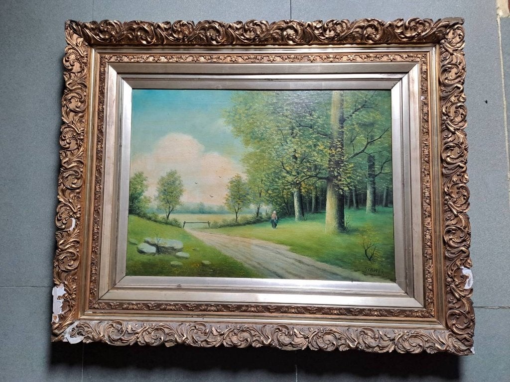 klassiek landschapsschilderij met brede kader, Antiek en Kunst, Ophalen of Verzenden, Klassiek, Ingelijst, Landschap