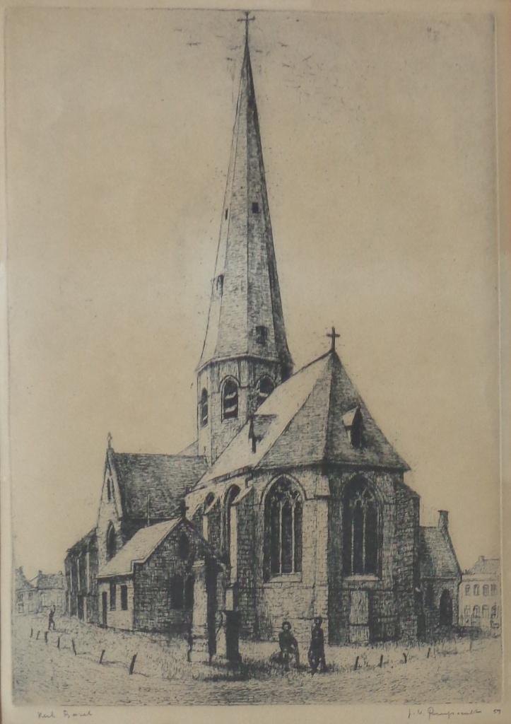 JOZEF VAN RUYSSEVELT / KERK BAZEL / ZW-W ETS / 67x51cm KADER, Ophalen of Verzenden