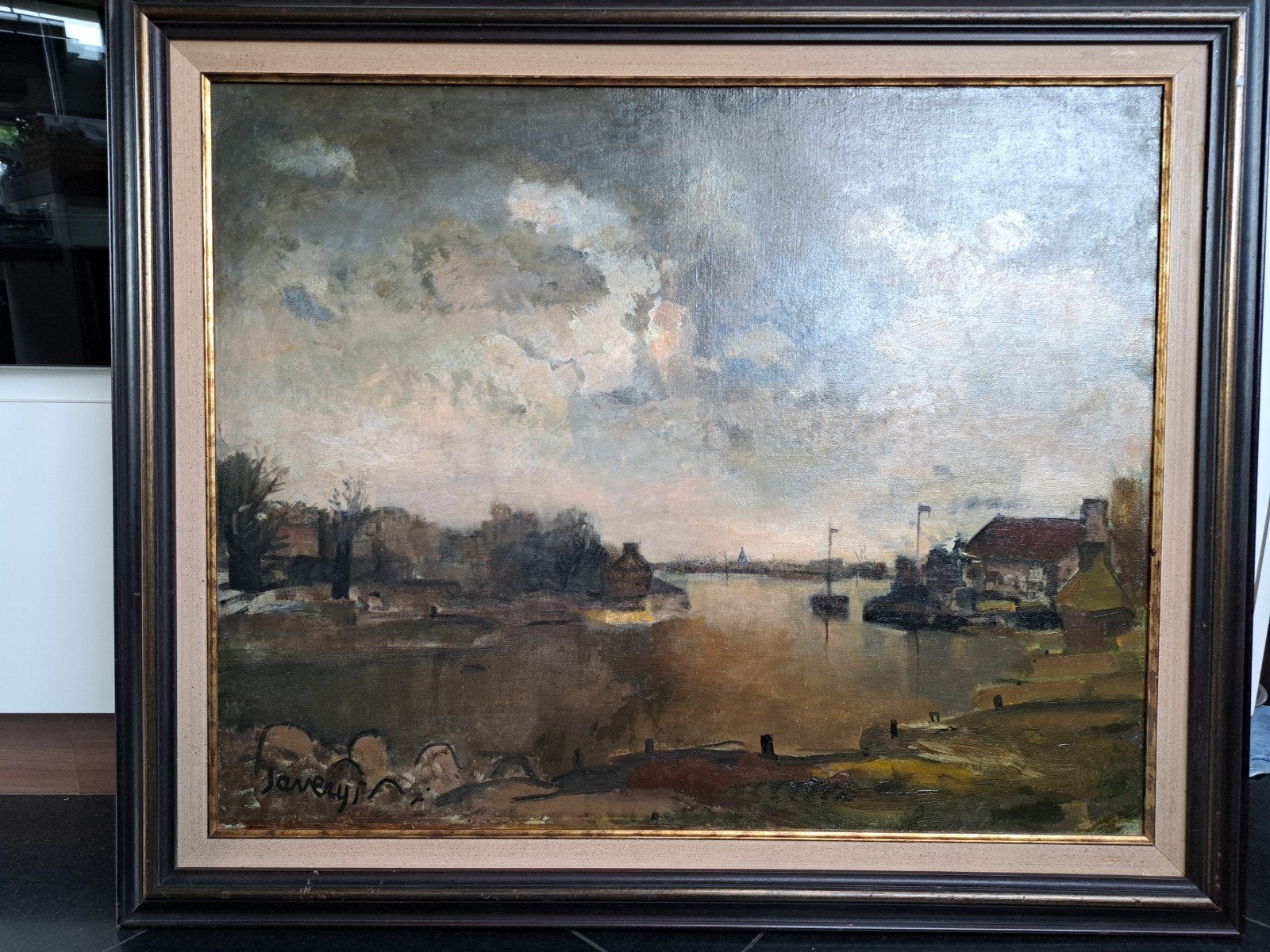 SAVERYS Albert "Rivierzicht met boten" olie op doek, Enlèvement, Toile