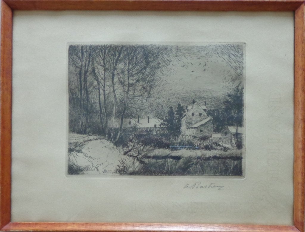 ALFRED BASTIEN / LE ROUGE-CLOITRE / ZW-W ETS / 26x34cm KADER, Enlèvement ou Envoi, Paysage, Eau-forte, Signé