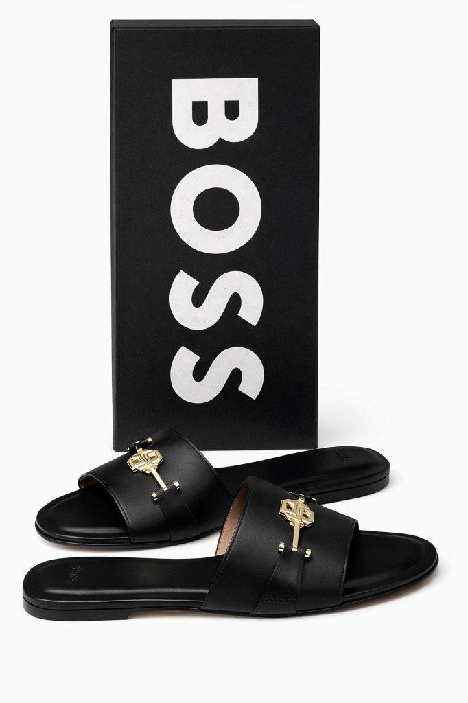 BOSS Emberlyn Black Gold Leather Slippers Size 38 NEW, Slippers, Verzenden, Zwart, Nieuw