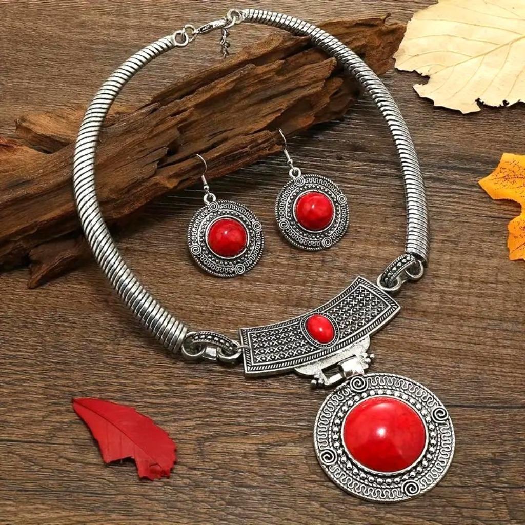 Ensemble de bijoux en pierre rouge 07014Set2, Envoi, Rouge, Avec pendentif