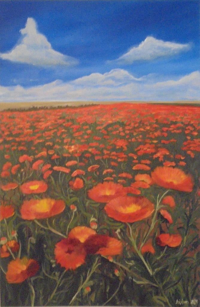bloemenveld groot olieschilderij (75x115cm), Ophalen of Verzenden