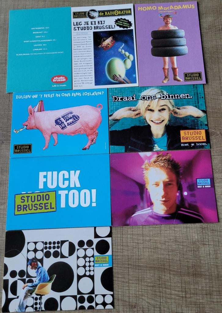 8 reclamekaarten/ postkaarten: Studio Brussel, Verzamelen, Ophalen of Verzenden, 1980 tot heden, Ongelopen, Muziek