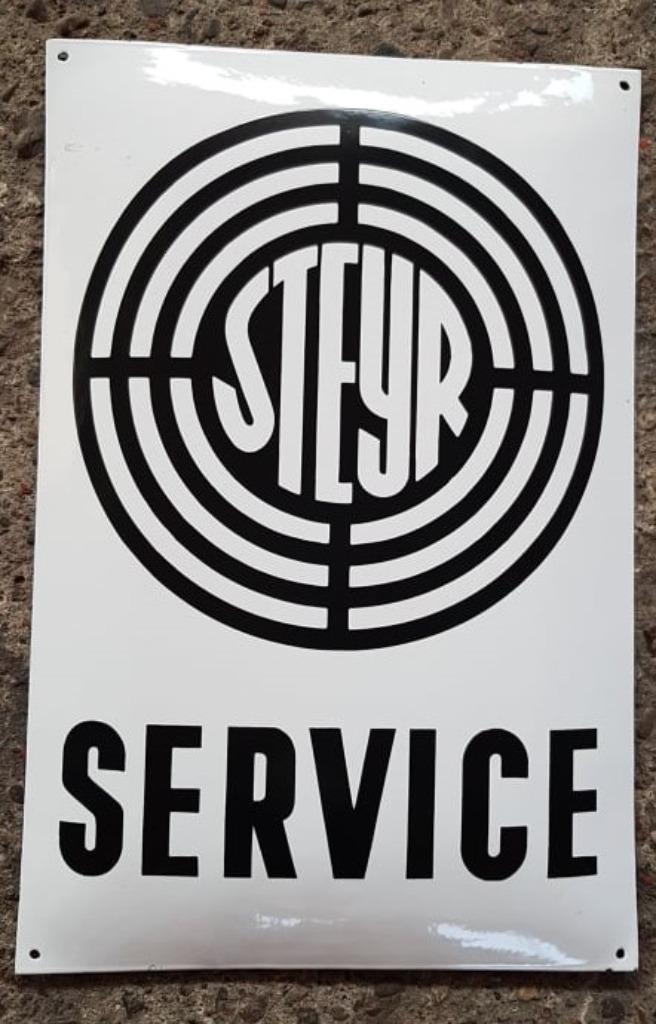 Steyr service emaillen tractor reclame decoratie bord retro, Ophalen of Verzenden, Zo goed als nieuw, Reclamebord