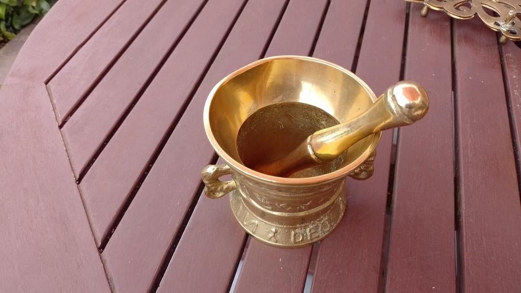 Vergulde bronzen vijzel en pilaar, Antiek en Kunst, Ophalen of Verzenden, Brons