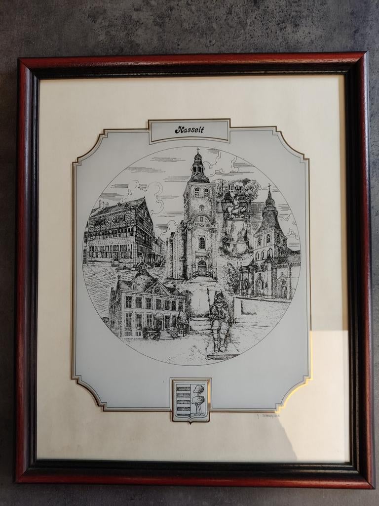 Kader van Hasselt Retro Vintage 38x47 cm Glasgravure, Antiek en Kunst, Ophalen