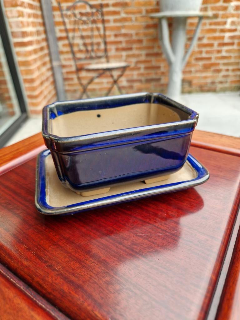 Blauw geglazuurd bonsai pot schaal met onder schaal, Ophalen of Verzenden, Zo goed als nieuw