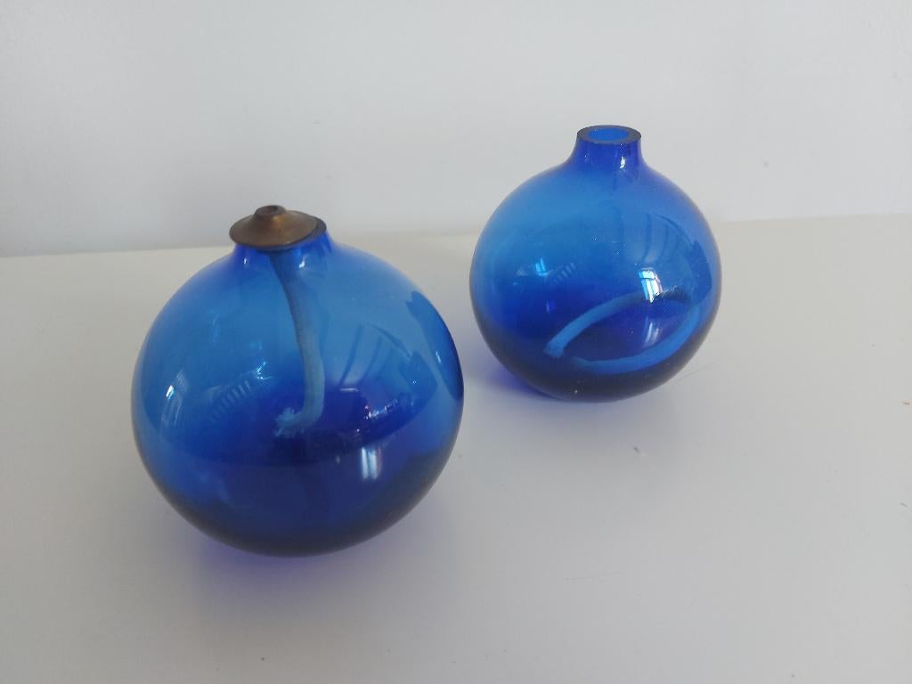 Lot de 2 lampes à huile bleues en verre, Moins de 25 cm, Enlèvement, Utilisé, Autres matériaux