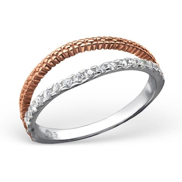 Tweekleurige 925 sterling zilveren damesring met zirkonia's, Handtassen en Accessoires, Ringen, Overige kleuren, Nieuw, Ophalen of Verzenden