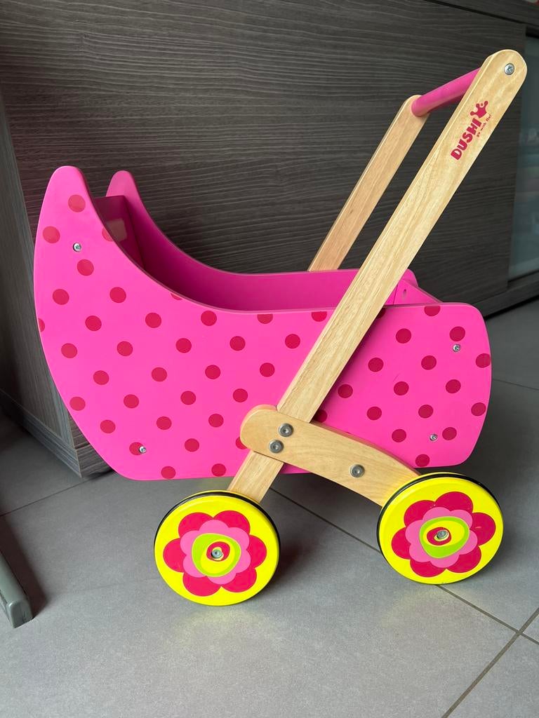 Houten poppenwagen, merk Dushi, Kinderen en Baby's, Speelgoed | Houten speelgoed, Ophalen, Gebruikt, Duw- of Trekspeelgoed