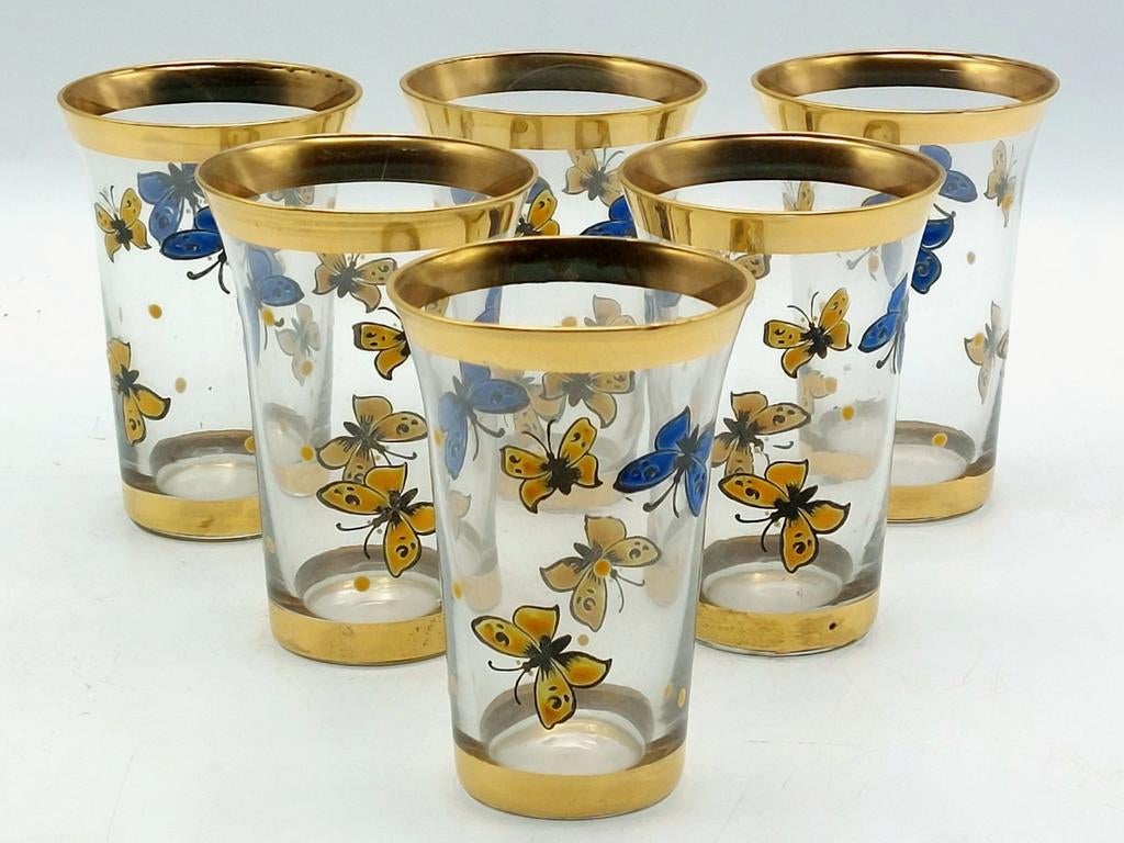 Set de 6 verres à bords dorés et motif papillon, Enlèvement ou Envoi, Comme neuf