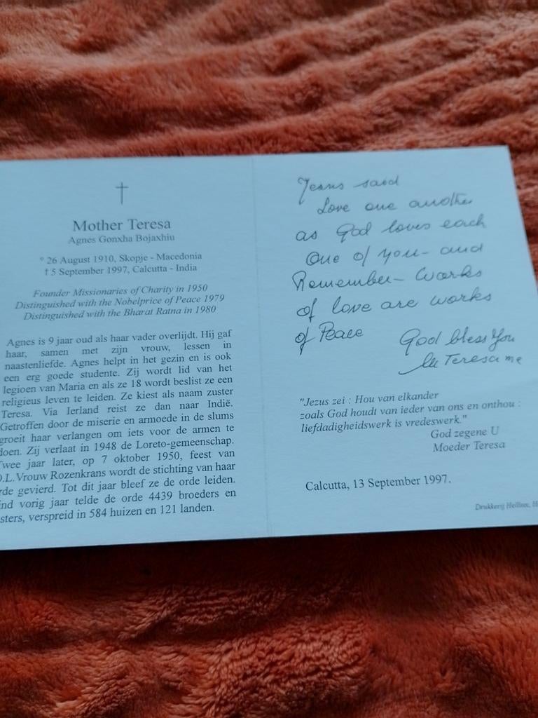 Moeder Teresa, Verzamelen, Bidprentjes en Rouwkaarten, Ophalen of Verzenden