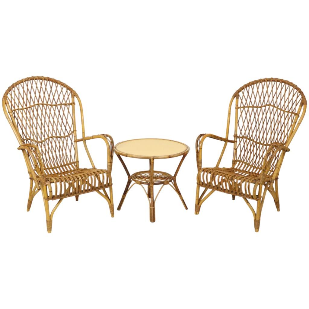 Vintage Set Rotan Stoelen Fauteuils Tafel Boho Design, Moins de 75 cm, Boho, Enlèvement, Utilisé