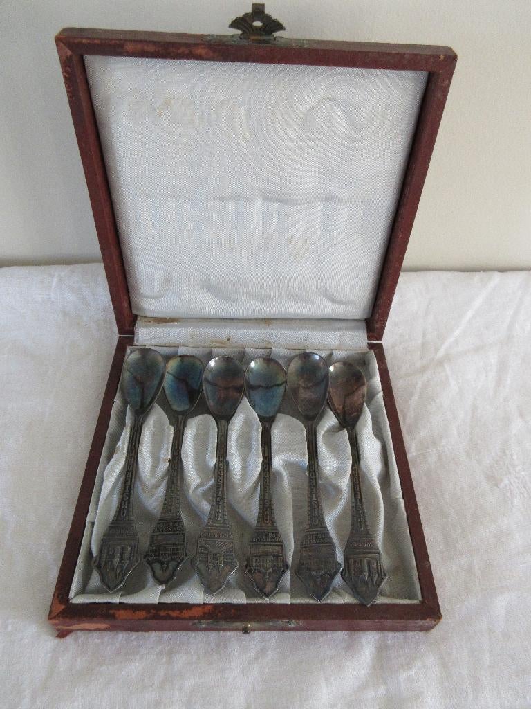 Doos met 6 verzilverde lepels Amsterdam antiek vintage, Antiek en Kunst, Ophalen