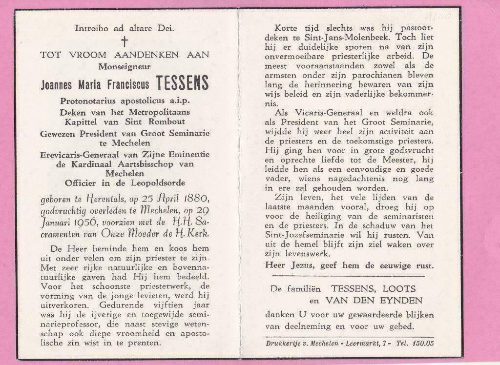 DP Monseigneur Joannes Tessens, Verzenden, Bidprentje